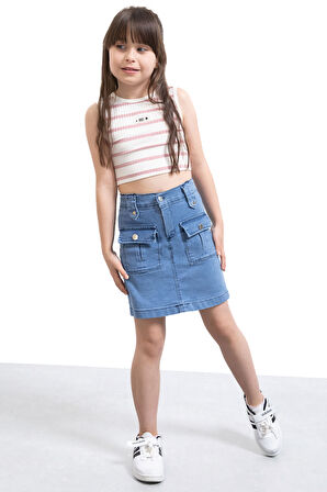 Mavi Ön Cepli Beli Lastikli Kız Çocuk Jean Şort Etek 21122