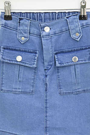 Mavi Ön Cepli Beli Lastikli Kız Çocuk Jean Şort Etek 21122