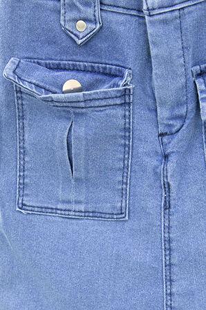 Mavi Ön Cepli Beli Lastikli Kız Çocuk Jean Şort Etek 21122