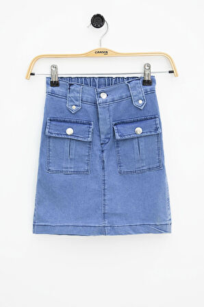 Mavi Ön Cepli Beli Lastikli Kız Çocuk Jean Şort Etek 21122