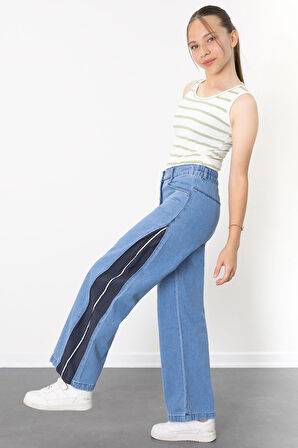 Mavi Geniş Paça Yanları Şeritli Kız Çocuk Jean Pantolon 21124