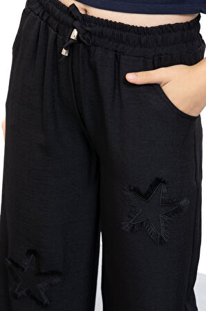 Siyah Yıldız Nakışlı Geniş Paça Rahat Kumaş Kız Çocuk Pantolon 21146