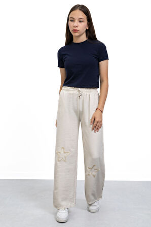 Krem Yıldız Nakışlı Geniş Paça Rahat Kumaş Kız Çocuk Pantolon 21147