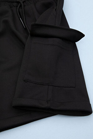 Siyah Beli Lastikli Jogger Kumaş Tek Kargo Cepli Erkek Çocuk Şort 21153