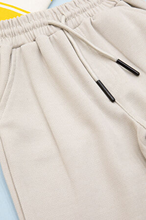 Krem Beli Lastikli Jogger Kumaş Tek Kargo Cepli Erkek Çocuk Şort 21156