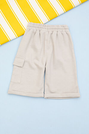 Krem Beli Lastikli Jogger Kumaş Tek Kargo Cepli Erkek Çocuk Şort 21156