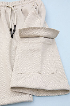 Krem Beli Lastikli Jogger Kumaş Tek Kargo Cepli Erkek Çocuk Şort 21156