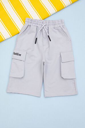 Açık Gri Cebi Yazı Baskılı Beli Lastikli Erkek Çocuk Şort 21162