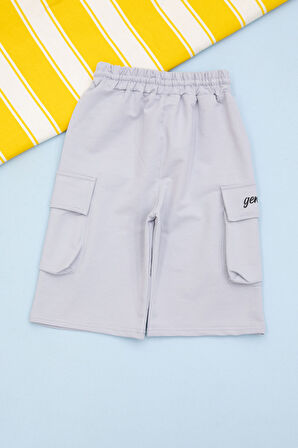 Açık Gri Cebi Yazı Baskılı Beli Lastikli Erkek Çocuk Şort 21162