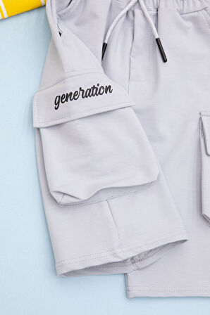 Açık Gri Cebi Yazı Baskılı Beli Lastikli Erkek Çocuk Şort 21162