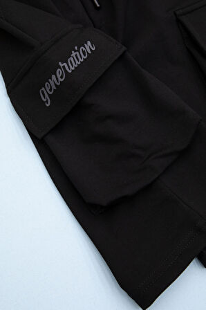 Siyah Cebi Yazı Baskılı Beli Lastikli Erkek Çocuk Şort 21160