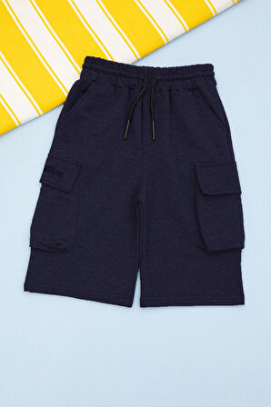 Koyu Lacivert Cebi Yazı Baskılı Beli Lastikli Erkek Çocuk Şort 21171