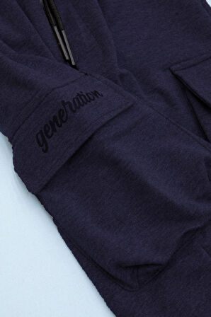 Koyu Lacivert Cebi Yazı Baskılı Beli Lastikli Erkek Çocuk Şort 21171