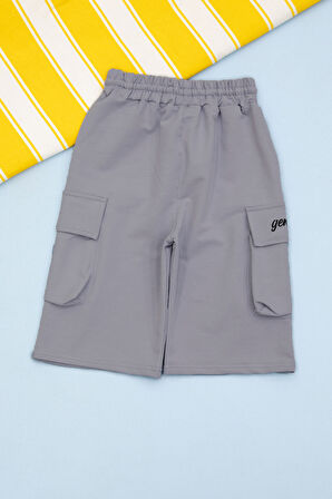 Koyu Gri Cebi Yazı Baskılı Beli Lastikli Erkek Çocuk Şort 21172