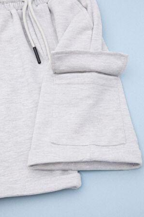 Açık Gri Beli Lastikli Jogger Kumaş Tek Kargo Cepli Erkek Çocuk Şort 21173