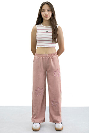 Somon Yıldız Nakışlı Geniş Paça Rahat Kumaş Kız Çocuk Pantolon 21185