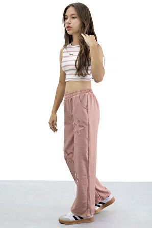 Somon Yıldız Nakışlı Geniş Paça Rahat Kumaş Kız Çocuk Pantolon 21185