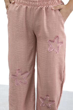 Somon Yıldız Nakışlı Geniş Paça Rahat Kumaş Kız Çocuk Pantolon 21185