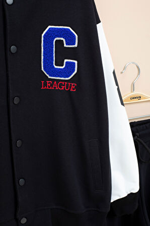 Siyah Yazı Nakışlı Kolej Ceketli Erkek Çocuk Eşofman Takımı 21222