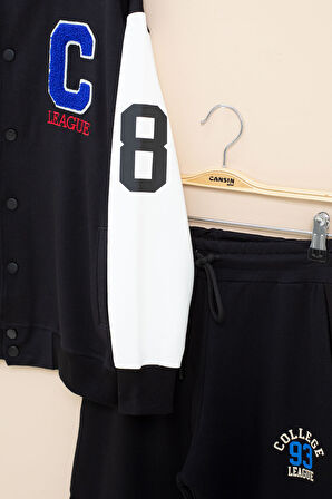 Siyah Yazı Nakışlı Kolej Ceketli Erkek Çocuk Eşofman Takımı 21222