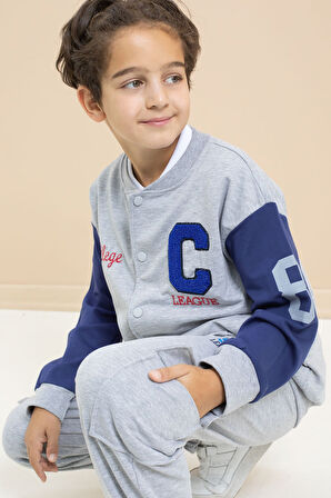 Gri Yazı Nakışlı Kolej Ceketli Erkek Çocuk Eşofman Takımı 21223