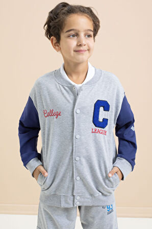 Gri Yazı Nakışlı Kolej Ceketli Erkek Çocuk Eşofman Takımı 21223