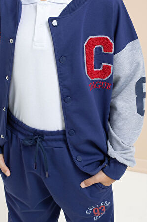 Mavi Yazı Nakışlı Kolej Ceketli Erkek Çocuk Eşofman Takımı 21224