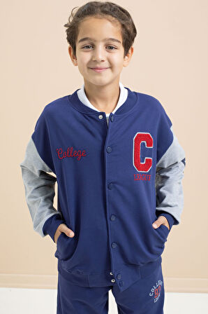 Mavi Yazı Nakışlı Kolej Ceketli Erkek Çocuk Eşofman Takımı 21224