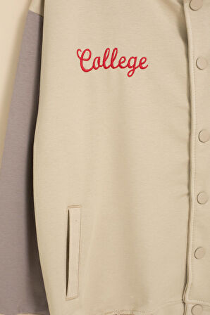 Bej Yazı Nakışlı Kolej Ceketli Erkek Çocuk Eşofman Takımı 21225