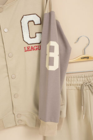 Bej Yazı Nakışlı Kolej Ceketli Erkek Çocuk Eşofman Takımı 21225