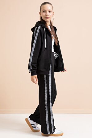 Siyah Dantel Şeritli Hırkalı Kız Çocuk 2li Eşofman Takımı 21242