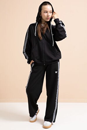 Siyah Dantel Şeritli Hırkalı Kız Çocuk 2li Eşofman Takımı 21242