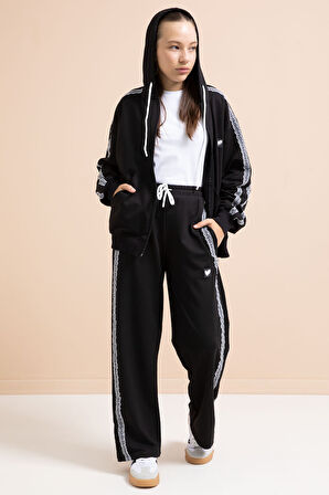 Siyah Dantel Şeritli Hırkalı Kız Çocuk 2li Eşofman Takımı 21242