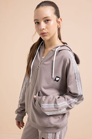 Kahverengi Dantel Şeritli Hırkalı Kız Çocuk 2li Eşofman Takımı 21245