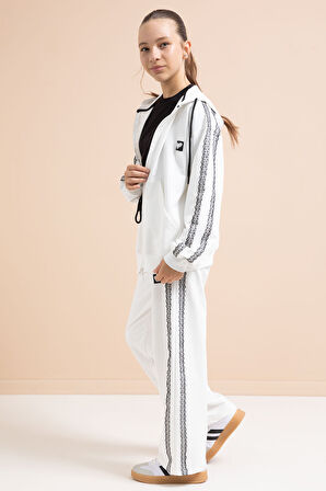 Beyaz Dantel Şeritli Hırkalı Kız Çocuk 2li Eşofman Takımı 21246