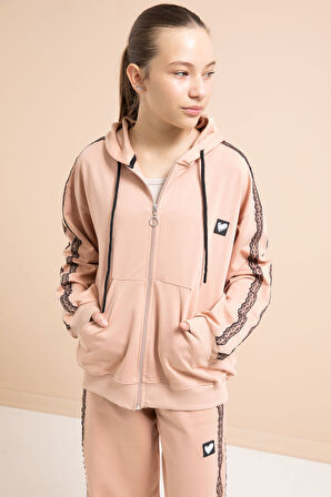 Bej Dantel Şeritli Hırkalı Kız Çocuk 2li Eşofman Takımı 21247