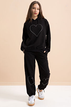 Siyah Kalp Desenli Kapüşonlu Kız Çocuk Eşofman Takımı 21253