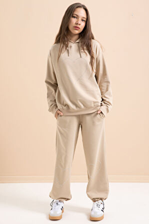 Bej Kalp Desenli Kapüşonlu Kız Çocuk Eşofman Takımı 21254