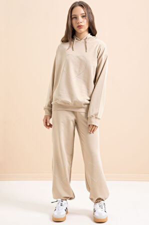 Bej Kalp Desenli Kapüşonlu Kız Çocuk Eşofman Takımı 21254