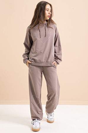 Kahverengi Kalp Desenli Kapüşonlu Kız Çocuk Eşofman Takımı 21255