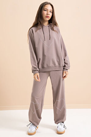 Kahverengi Kalp Desenli Kapüşonlu Kız Çocuk Eşofman Takımı 21255