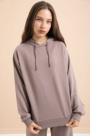 Kahverengi Kalp Desenli Kapüşonlu Kız Çocuk Eşofman Takımı 21255