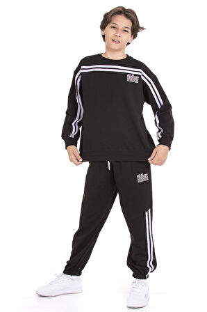 Siyah Şerit Detaylı Bisiklet Yaka Erkek Çocuk Basic Eşofman Takımı 21260