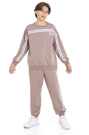 Kahve Şerit Detaylı Bisiklet Yaka Erkek Çocuk Basic Eşofman Takımı 21261