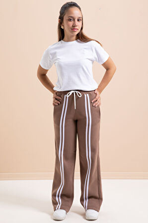 Kahve Önü Şeritli Geniş Paça Şardonlu Kız Çocuk Basic Eşofman Altı 21274