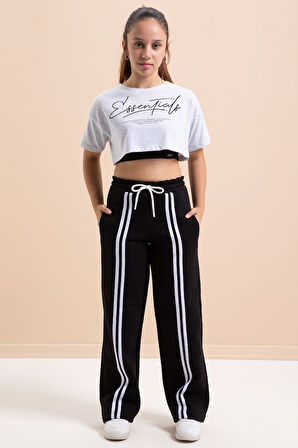 Siyah Önü Şeritli Geniş Paça Şardonlu  Kız Çocuk Basic Eşofman Altı 21275