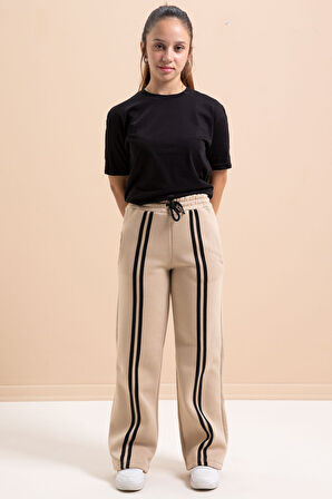 Bej Önü Şeritli Geniş Paça Şardonlu  Kız Çocuk Basic Eşofman Altı 21276