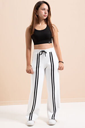 Beyaz Önü Şeritli Geniş Paça Şardonlu Kız Çocuk Basic Eşofman Altı 21277