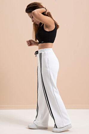 Beyaz Önü Şeritli Geniş Paça Şardonlu Kız Çocuk Basic Eşofman Altı 21277