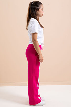 Fuşya Önü Şeritli Geniş Paça Şardonlu Kız Çocuk Basic Eşofman Altı 21278